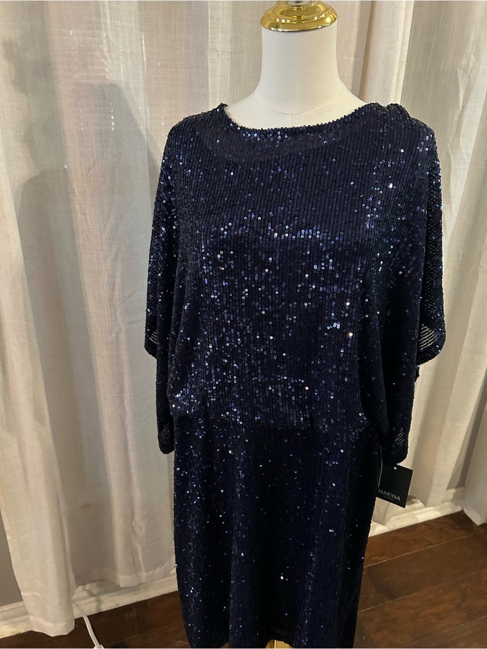 MARINA Navy Sequined Long Sleeve Cocktail Dress